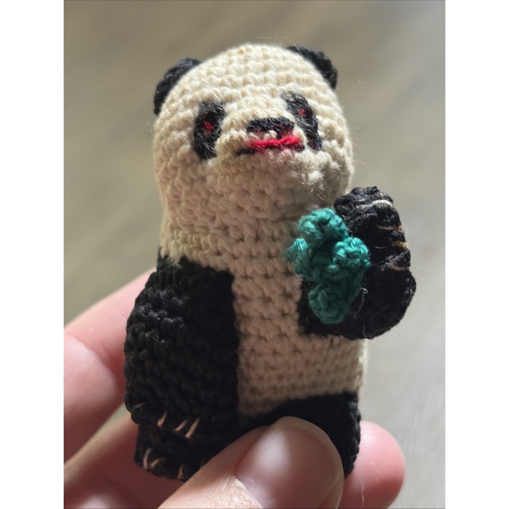 Vintage Knit Or Crochet Chinese Panda Bear Doll Small Figure 2.5"